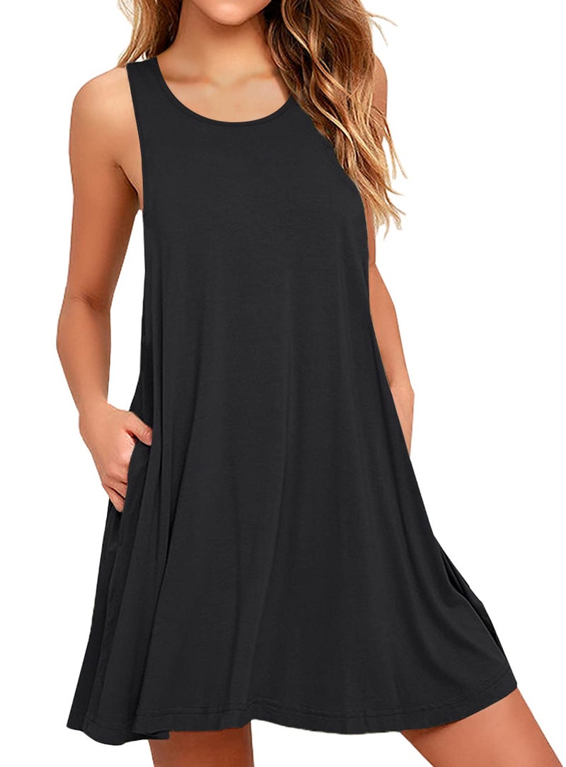 WEACZZY Women Summer Sleeveless Pockets Casual Swing T Shirt Dresses Beach Cover up Plain Pleated Tank Dress,Black,S - Image 1